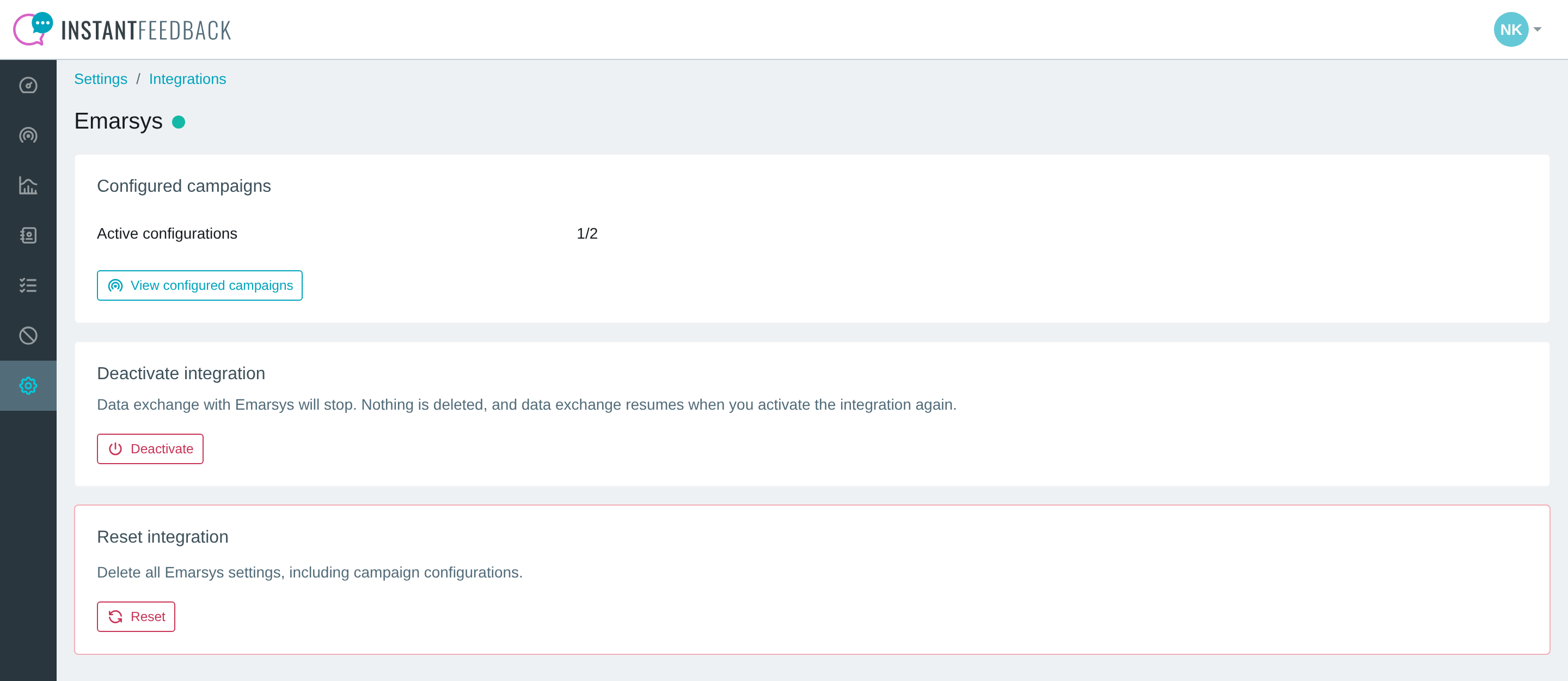 The Emarsys settings page