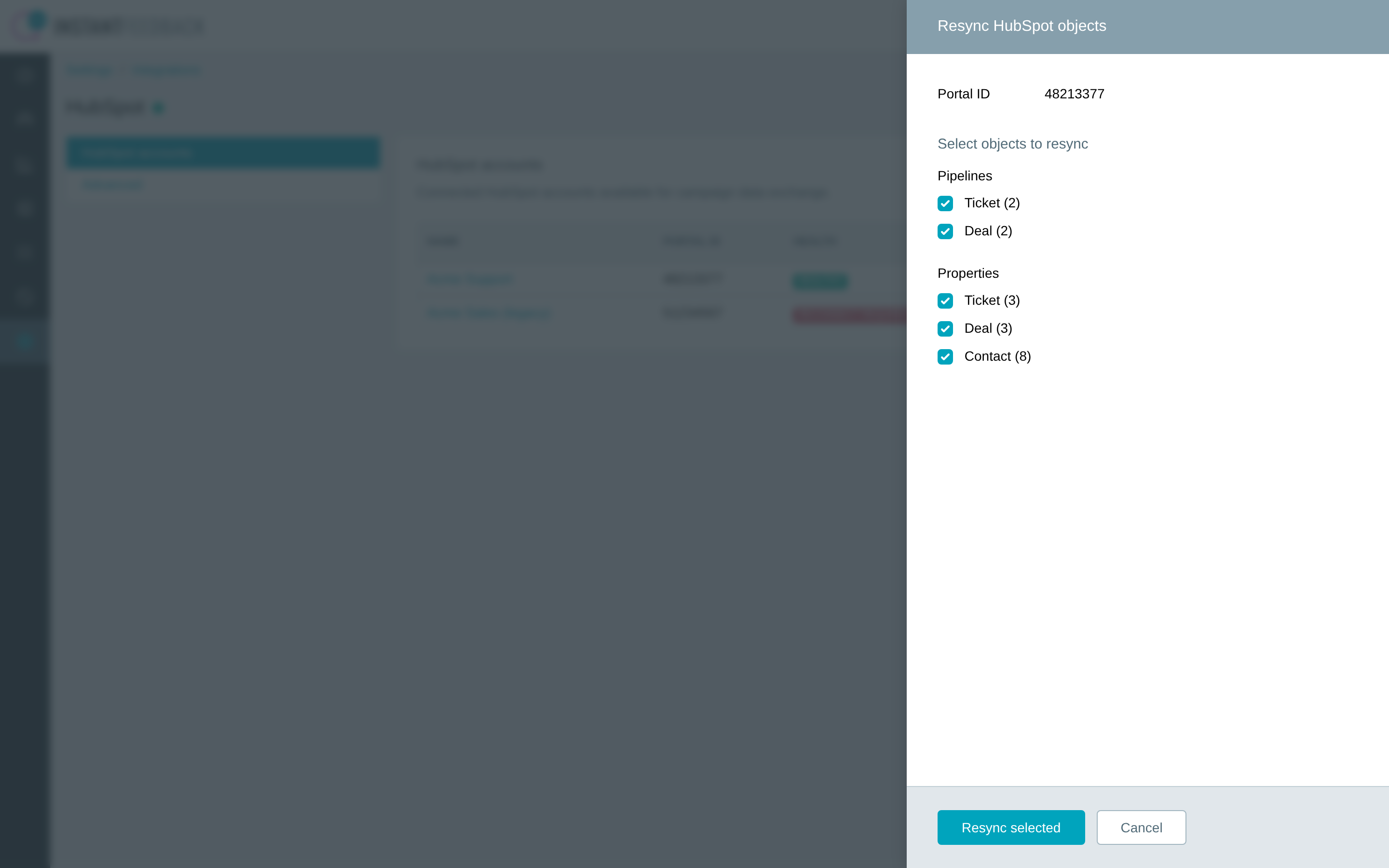 The Resync HubSpot objects dialog