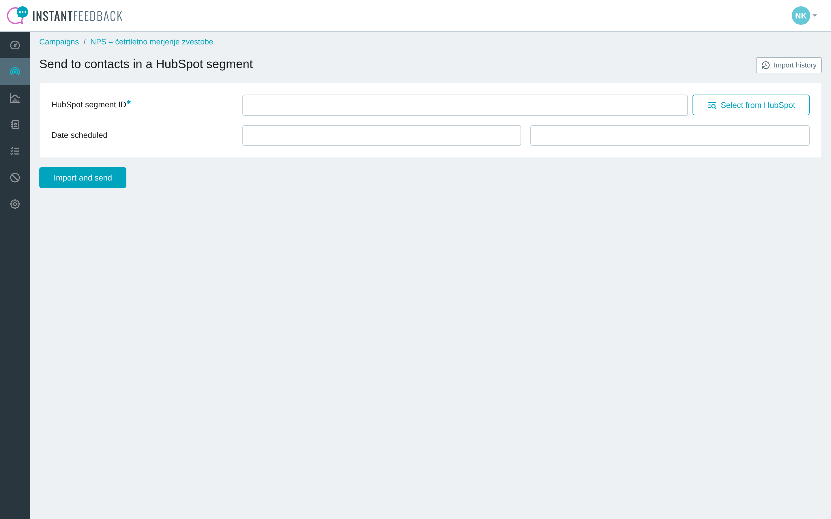 The Send to contacts in a HubSpot segment page