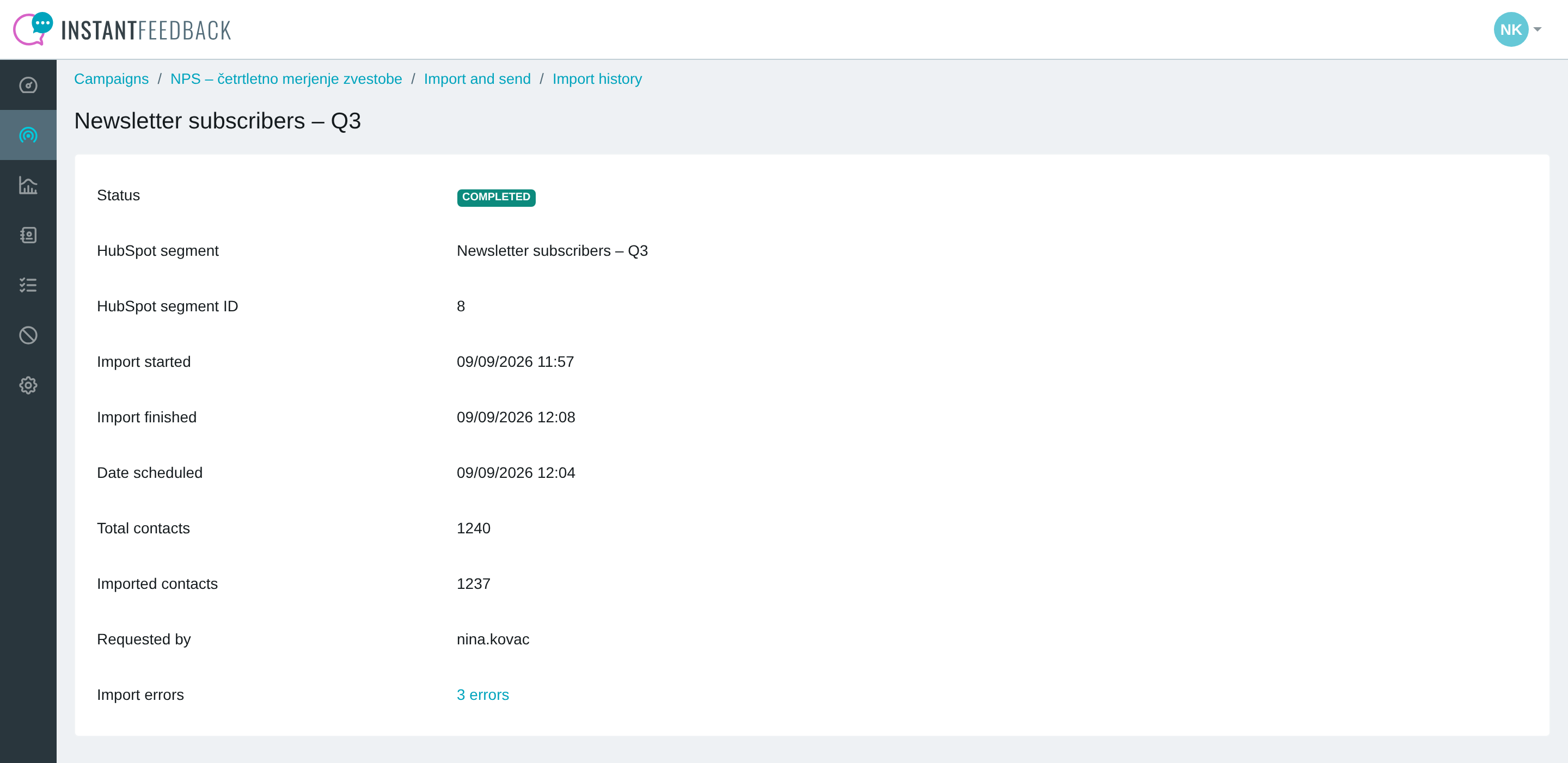 The details of a segment import with an errors link