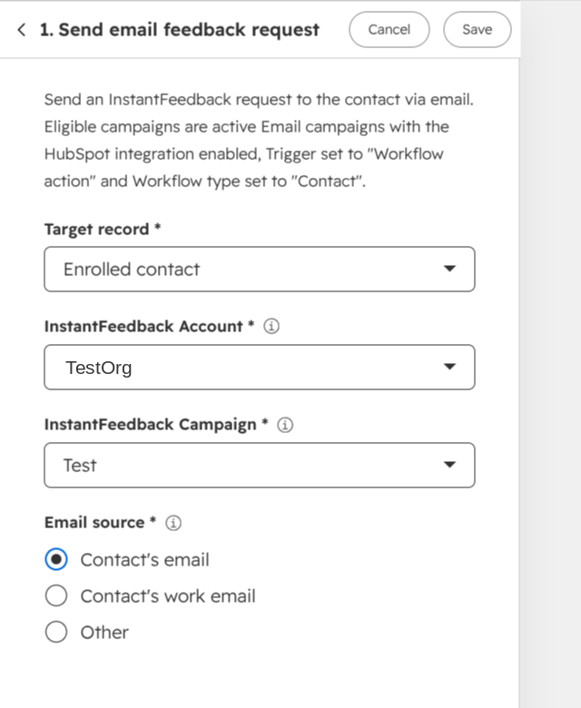 The InstantFeedback workflow action in the HubSpot workflow editor