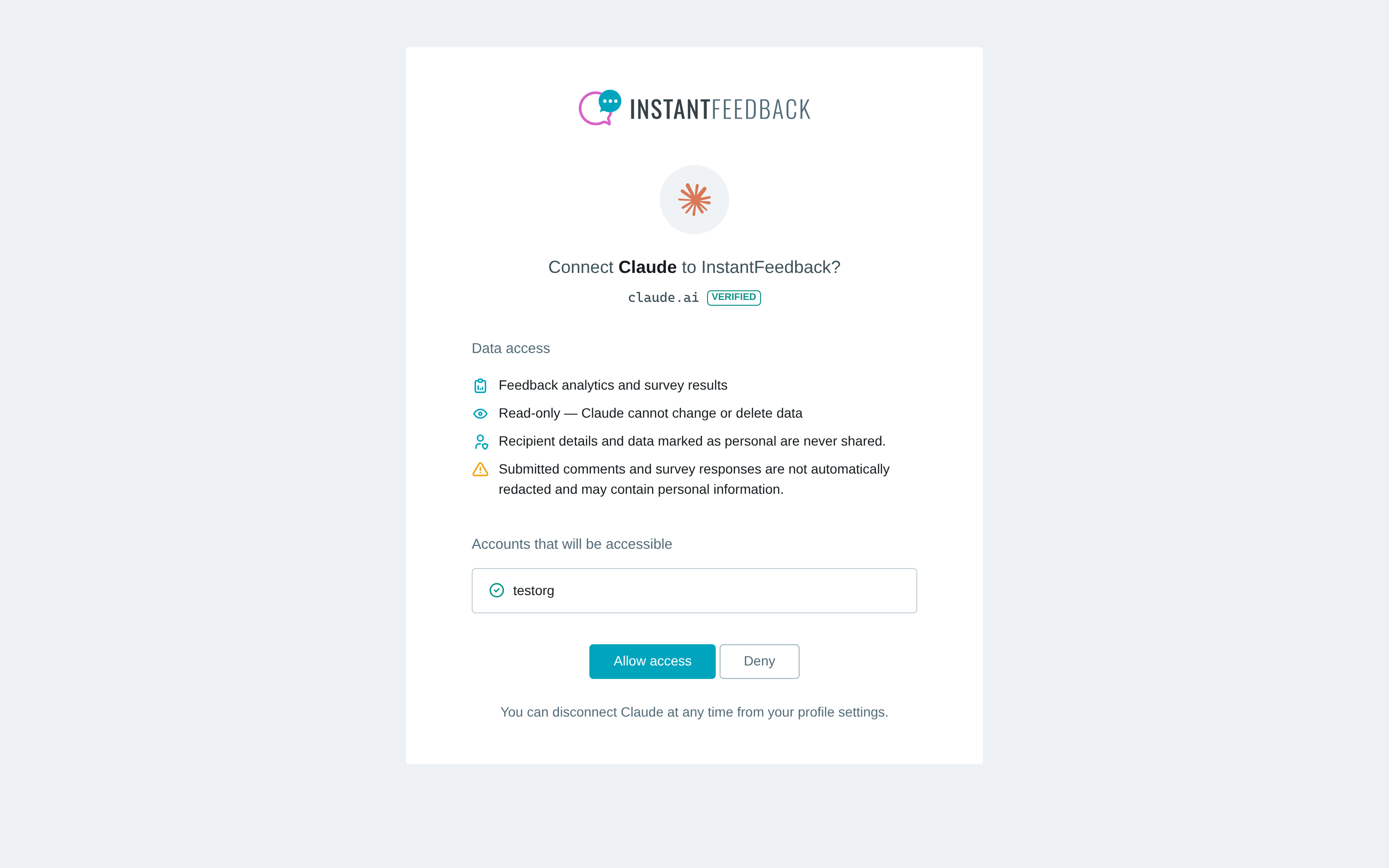 The consent page asking to connect Claude to InstantFeedback