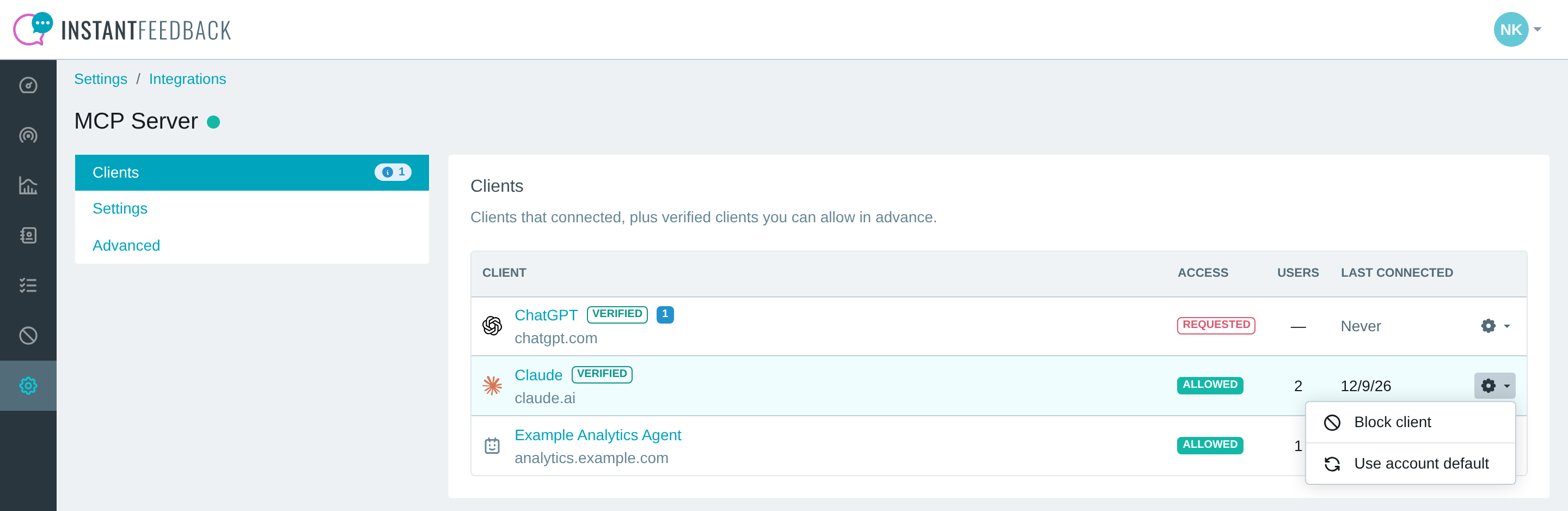 The client menu with Block client and Use account default