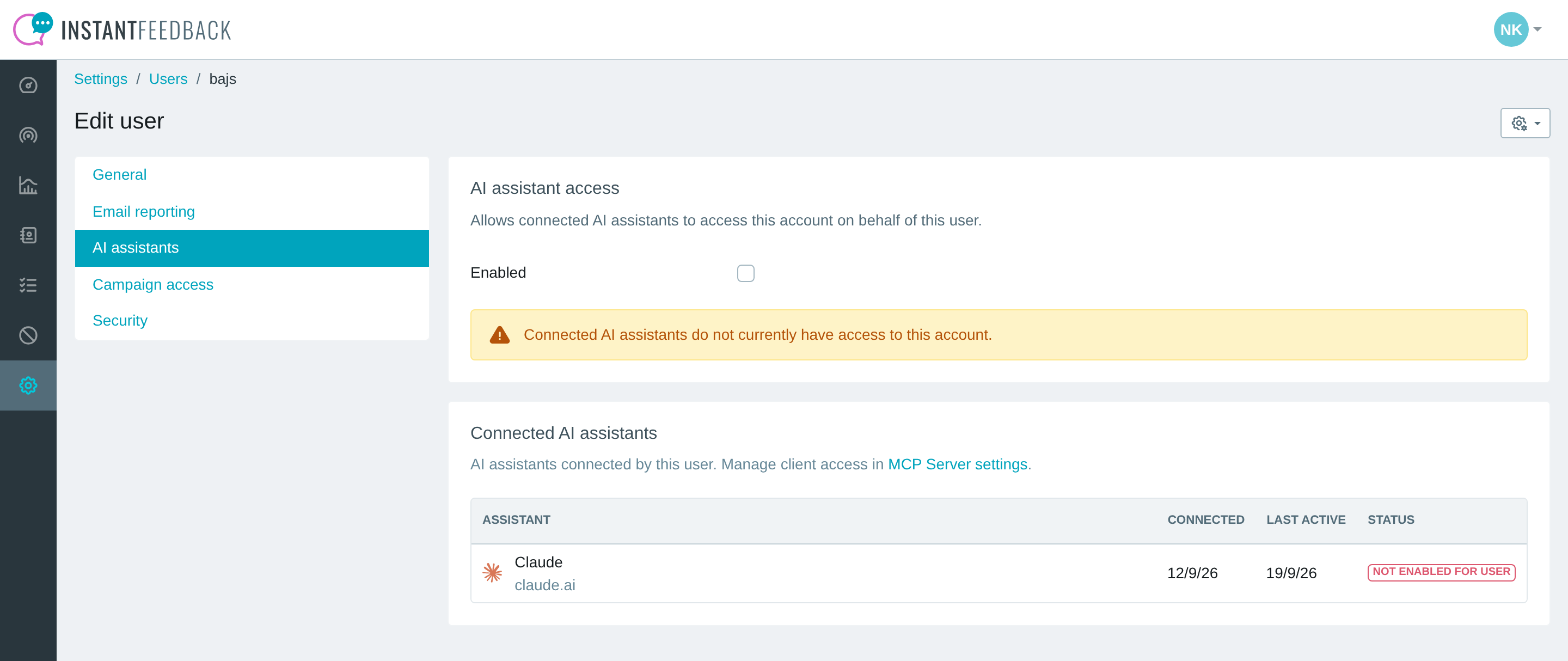 The AI assistants tab in the user editor