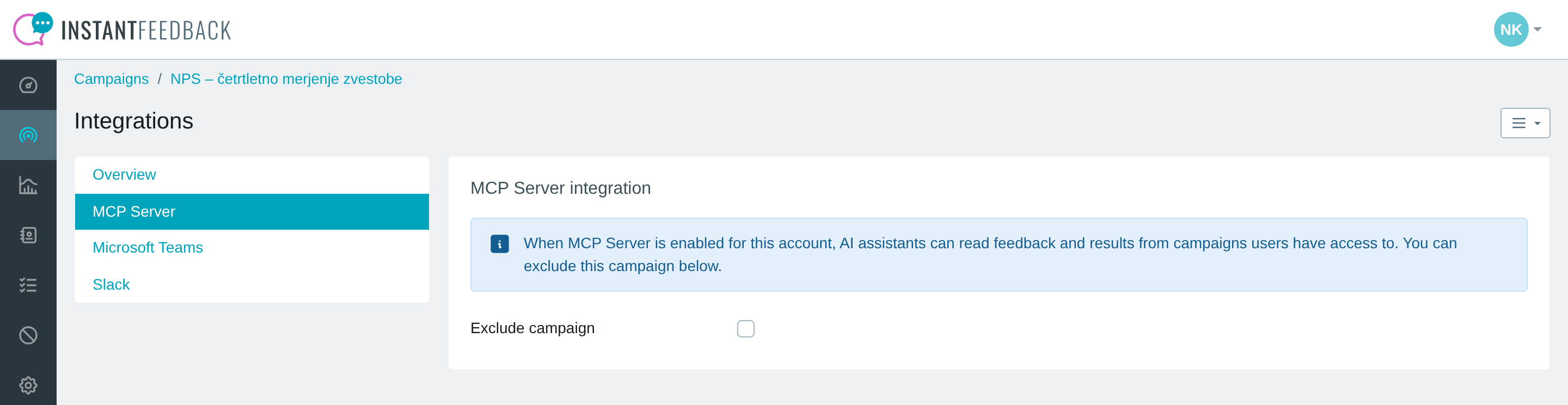 The MCP Server tab in the campaign's Integrations settings