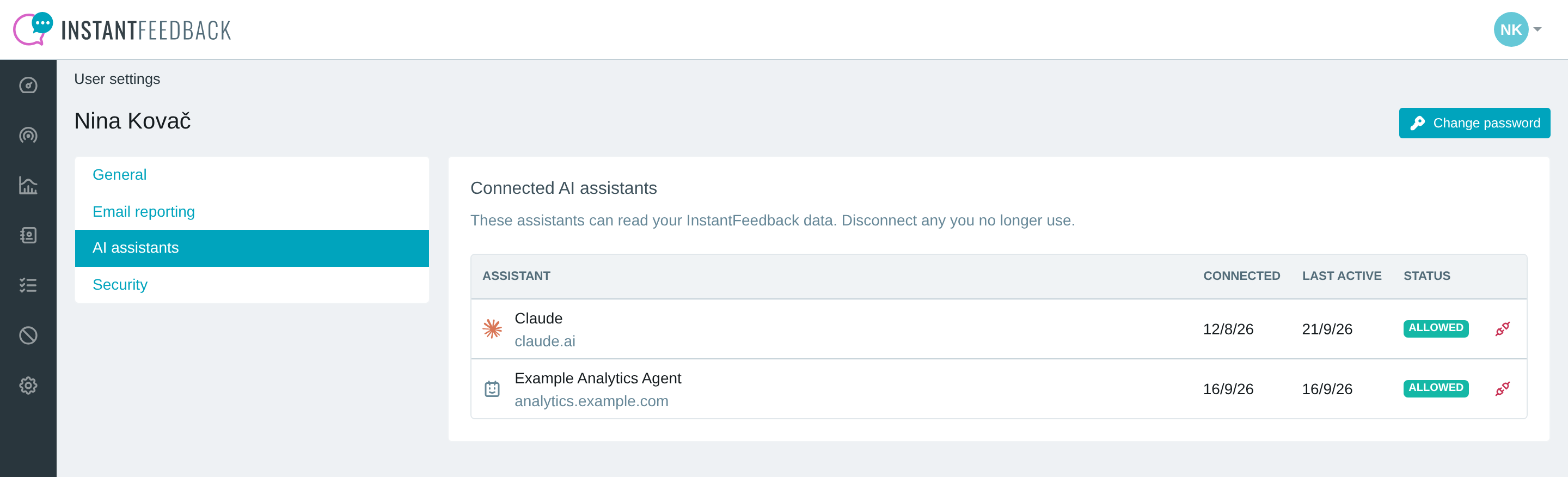 The AI assistants tab in user settings