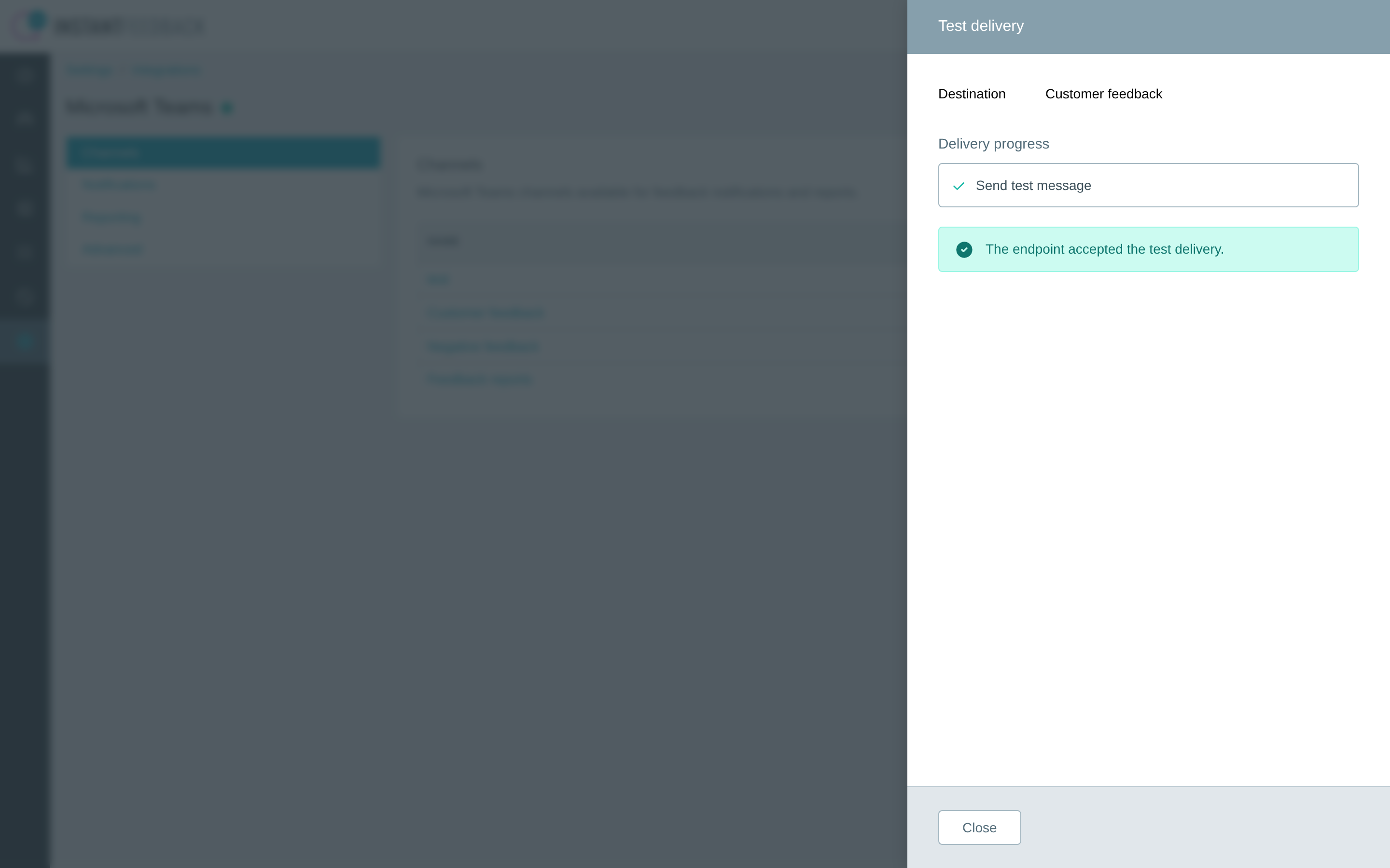 The Test delivery dialog after a successful test