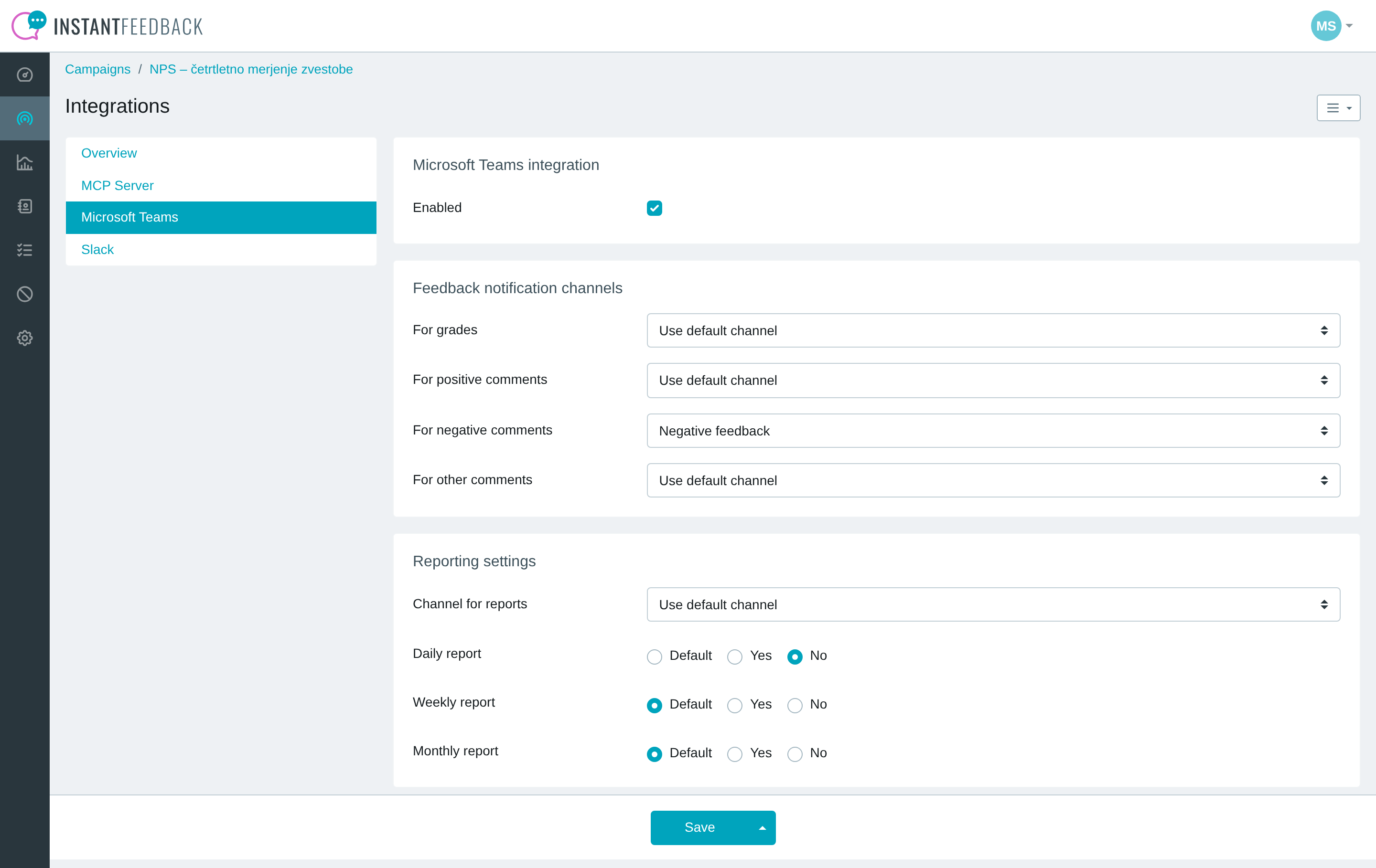 The Microsoft Teams tab in the campaign's Integrations settings
