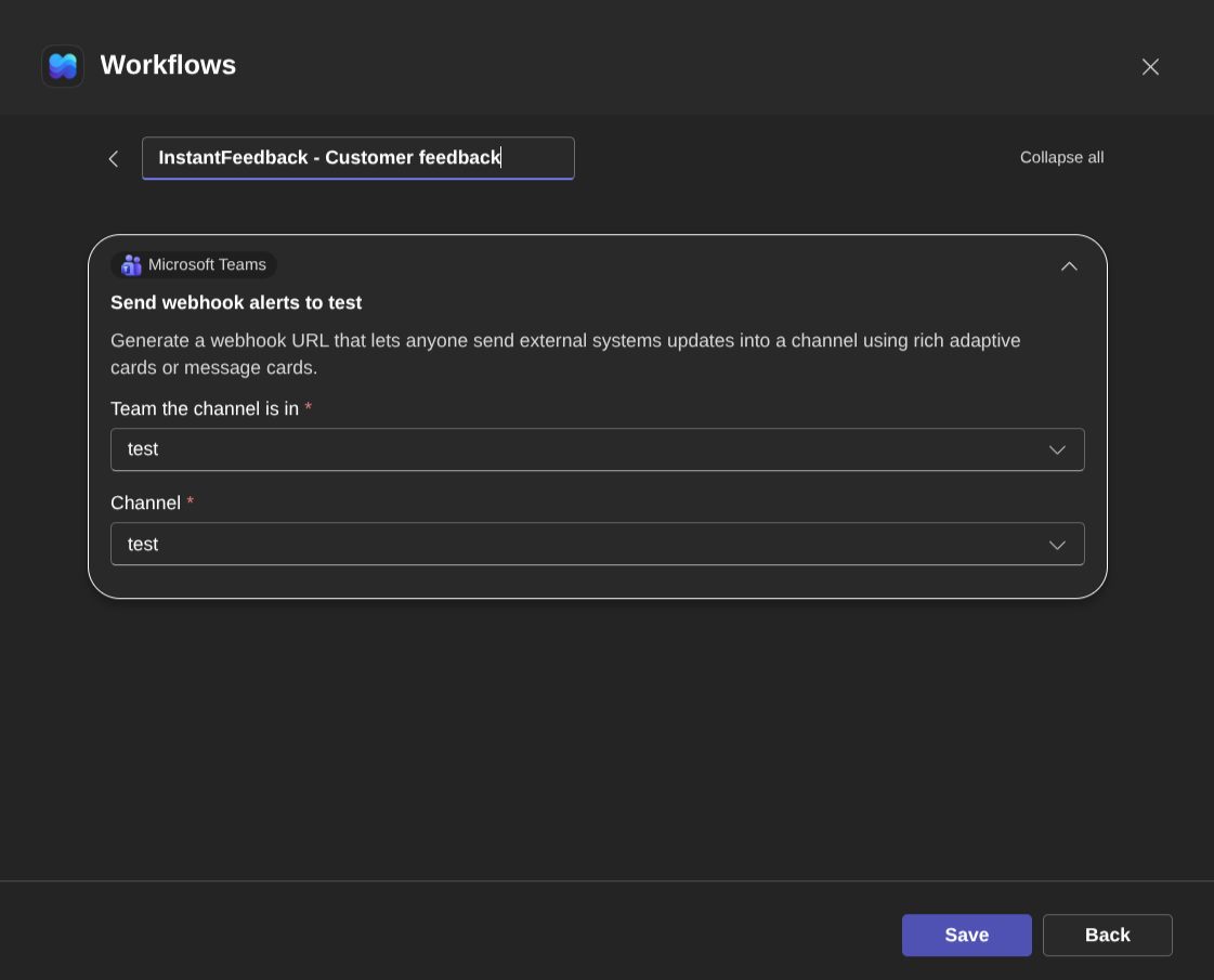 Selecting the team and channel for the workflow