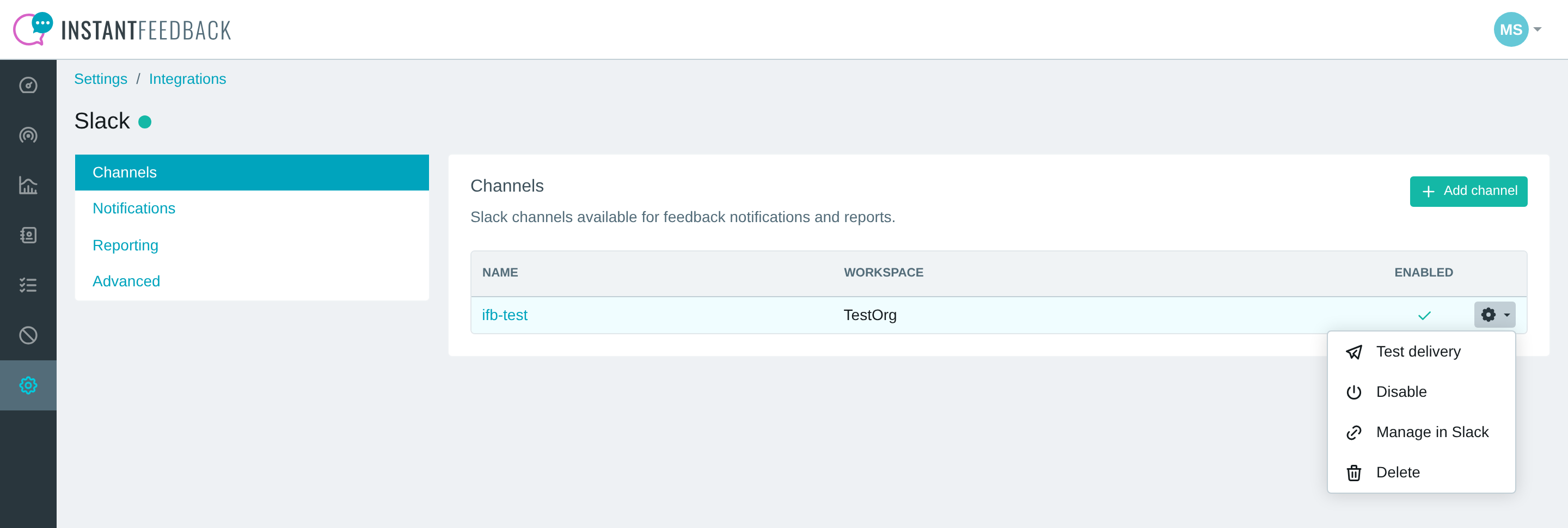 The channel menu with Test delivery, Disable, Manage in Slack and Delete