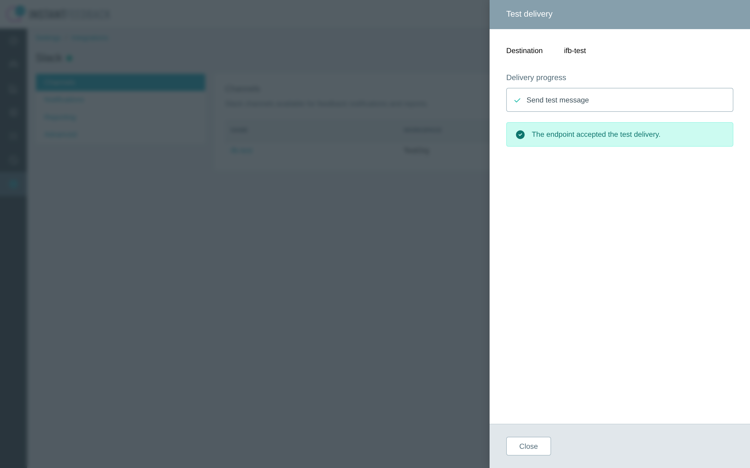 The Test delivery dialog after a successful test