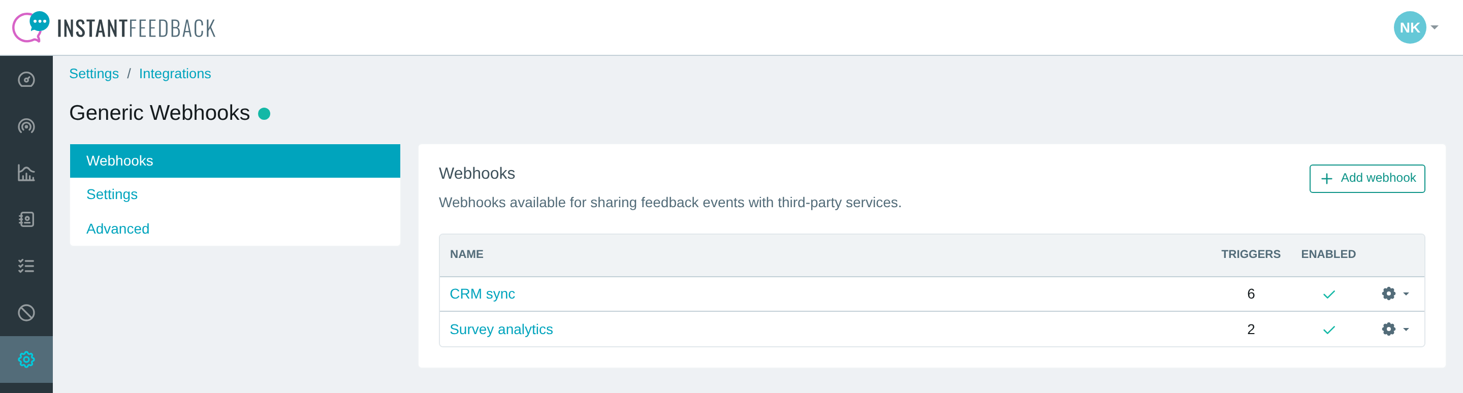 The Webhooks tab with two webhooks