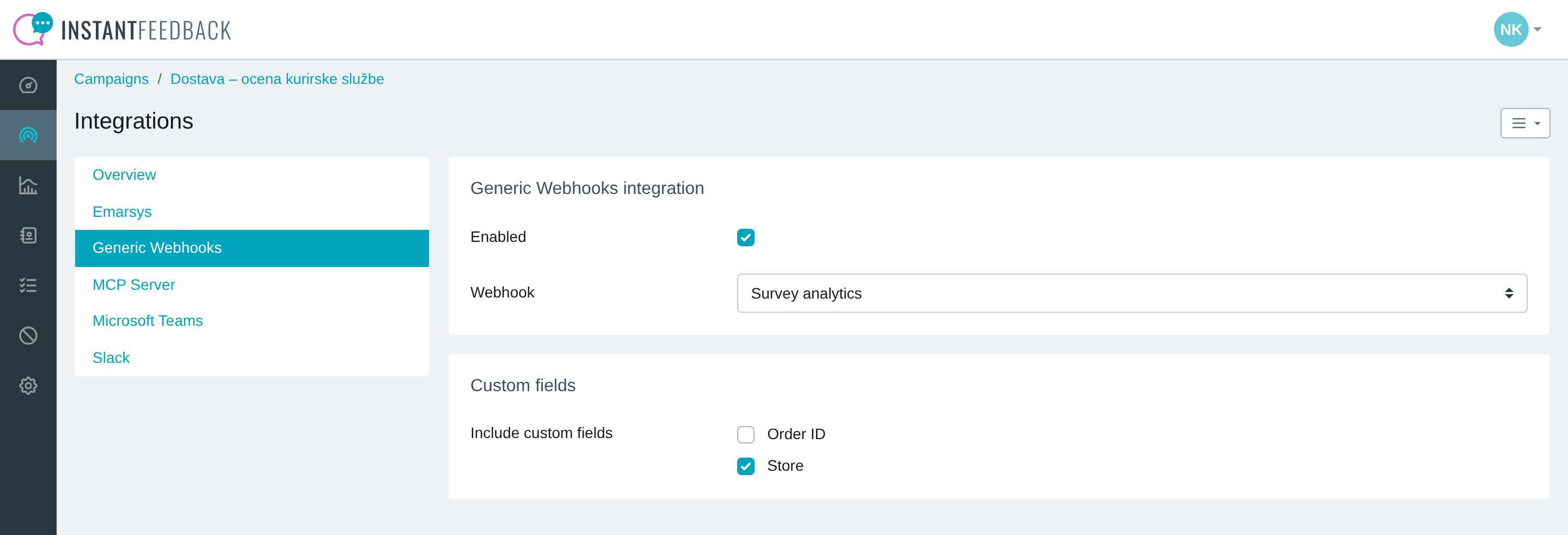 The Generic Webhooks tab in the campaign's Integrations settings
